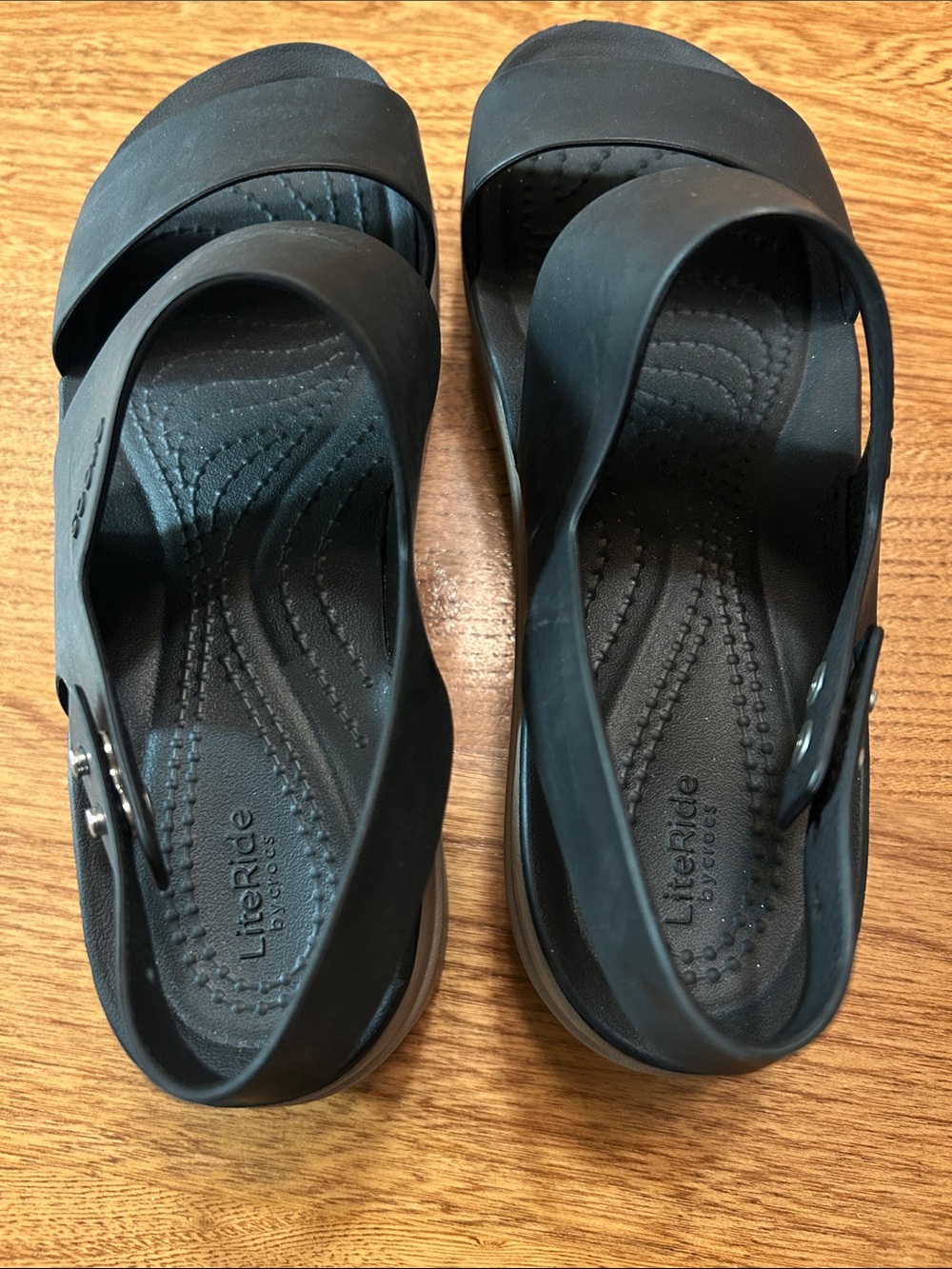 CROCS LiteRide Black Slide Platform Slingback Sandals with Buckle Strap